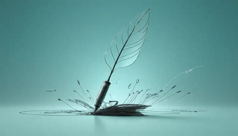 Una penna d'oca circondata da schizzi di inchiostro