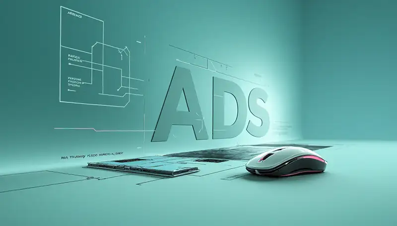 Scritta ADS sospesa nel vuoto, con mouse e oggetti sul tavolo