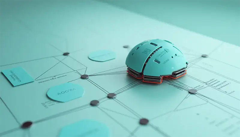 Cervello meccanico su una scheda futuristica con nodi