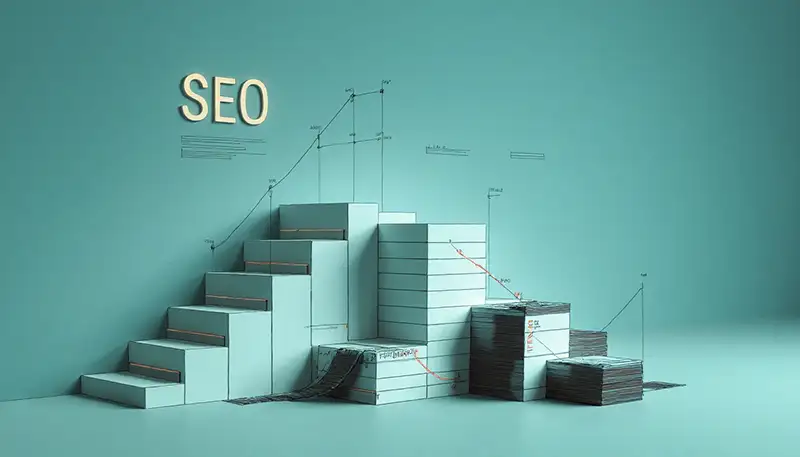 Scritta seo su parete, sopra a scalini e a grafici che rappresentano il ranking di Google