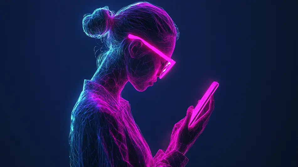 Immagine digitale di donna mentre guarda uno smartphone. Generata con AI