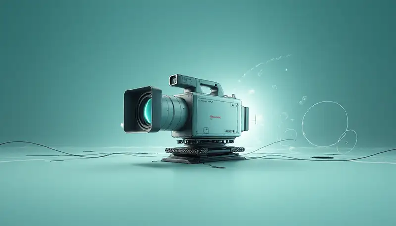 Telecamera professionale su sfondo azzurro, con luce dietro che illumina i dettagli