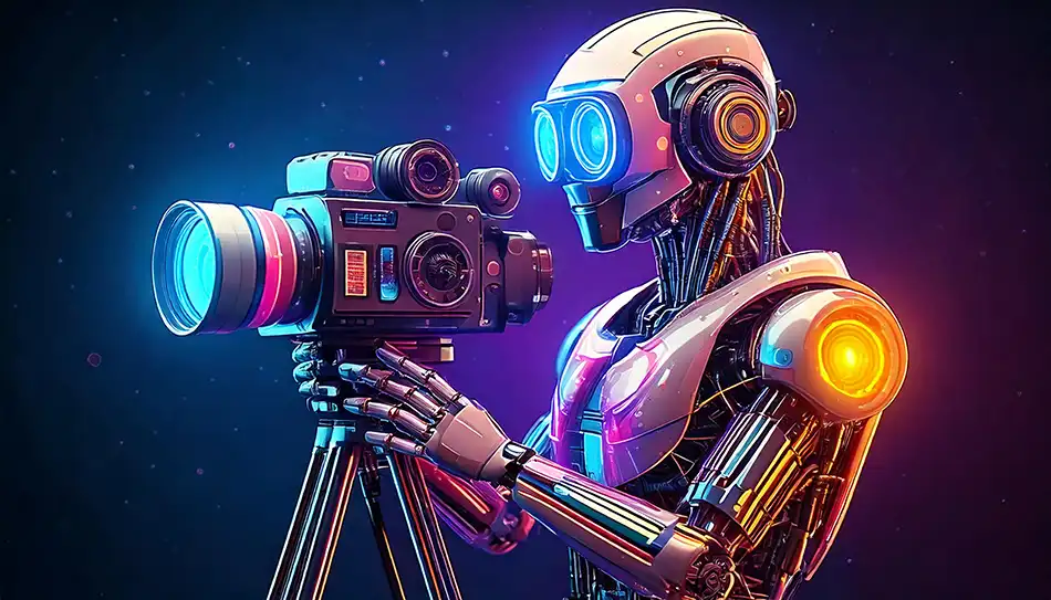 Robot con in mano una cinepresa (Immagine generata da IA)