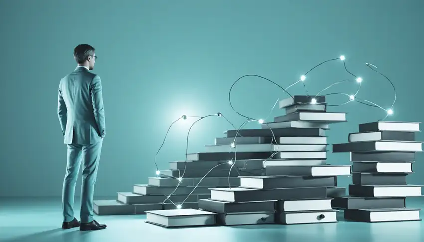 Uomo davanti a diverse pile di libri con lampadine decorative