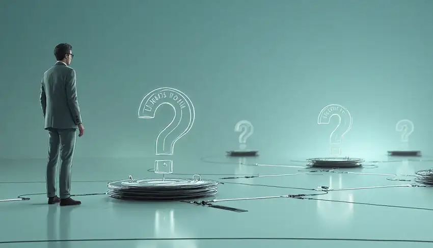 Uomo in piedi davanti a dei punti di domanda