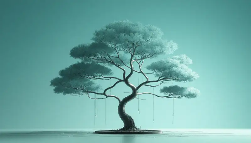 un albero rigoglioso di foglie su sfondo neutro azzurro