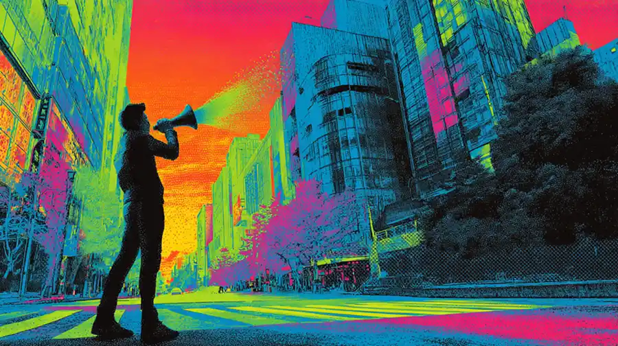 Persona con megafono che urla in una strada vuota