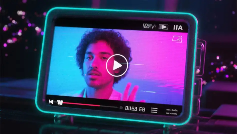 Piccolo schermo con volto di un uomo che guarda in camera, con simbolo play