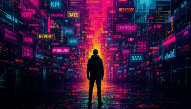 Silhouette di uomo contrasto luci colorate con cartelli al neon con richiamo ai dati. (Immagine generata da AI)